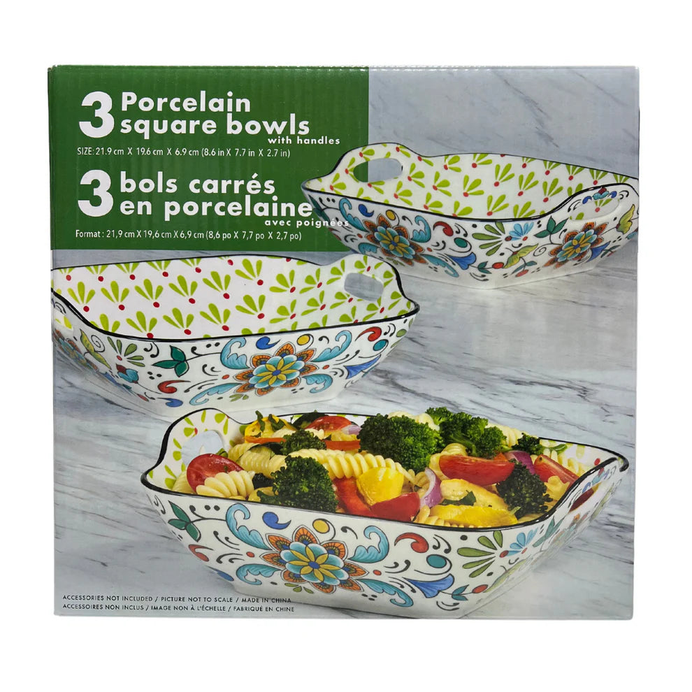 Cuisine Ensemble de 3 Bols Carrés en Porcelaine avec Poignées