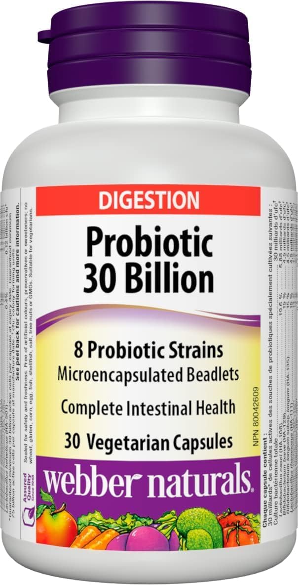 Probiotique 30 milliards de cellules actives, 8 souches probiotiques, 30 gélules, pour la santé digestive, végétarien