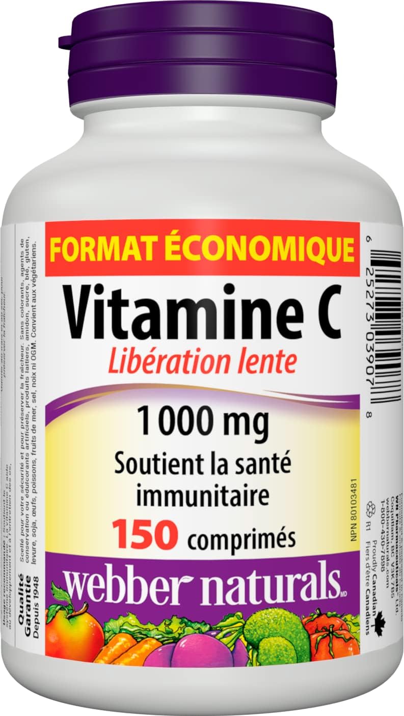 Vitamine C à libération temporaire 1000 mg  pour les os, les dents et  la santé immunitaire