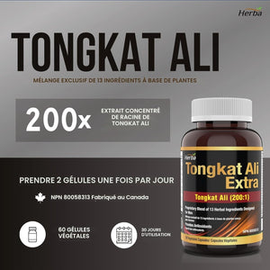 Herba Tongkat Ali  - vitalité masculine.  Extrait 200:1  - de 10 000 mg | 60 gélules végétales