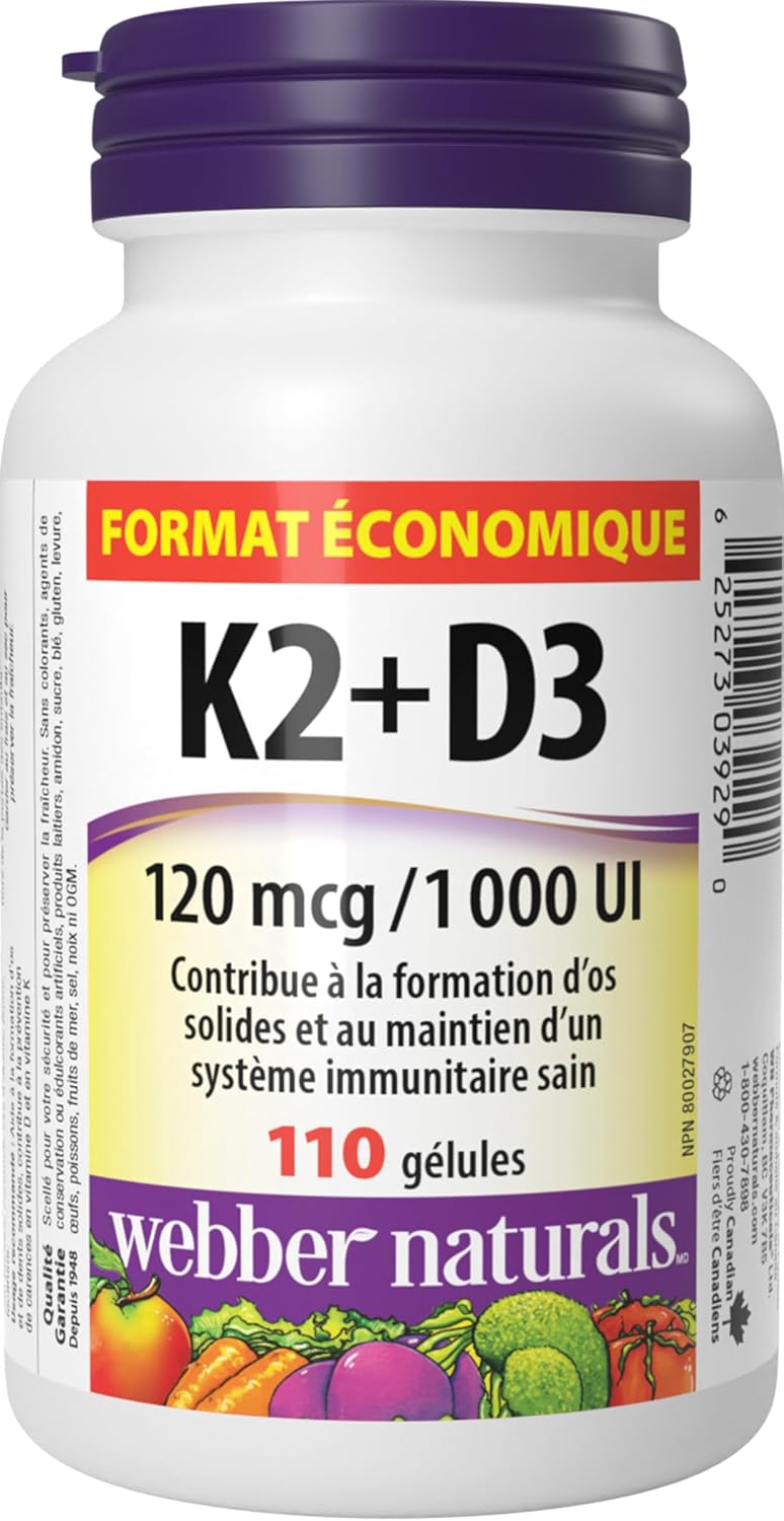Complement alimentaire |  Vitamine K2 avec D3,  110 gélules, formule MK-7,