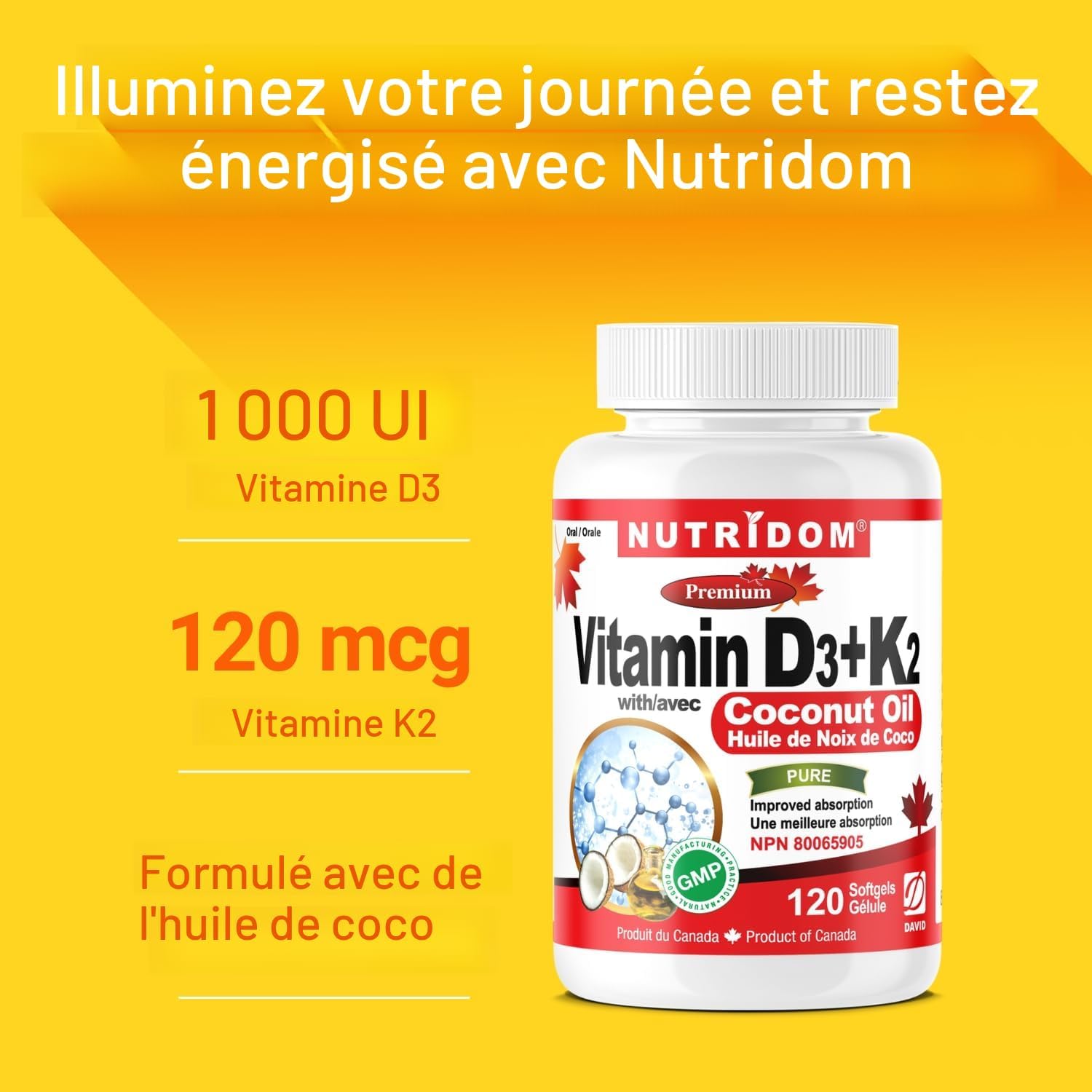 Complément alimentaire Vitamine K2 + D3 | la plus haute puissance 120 MCG/1000 UI – 120 gélules