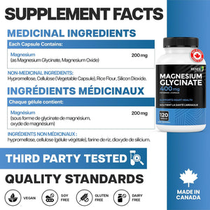 Complement Alimentaire Glycinate de magnésium 400 mg  120 Capsules