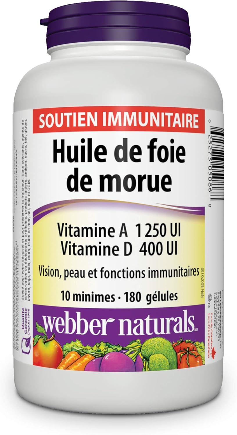 Huile de foie de morue avec vitamine A et D3, 180 gélules