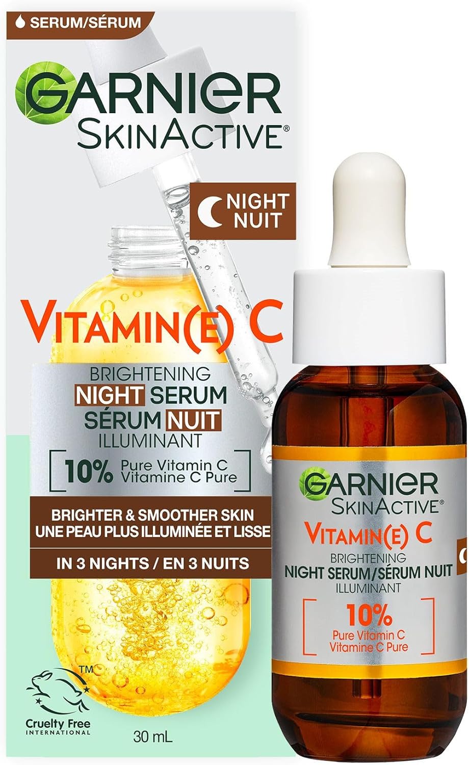 Garnier SkinActive Sérum éclaircissant de nuit à la vitamine C, à l'acide hyaluronique.
