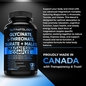 Complexe de magnésium 4:1 – Glycinate, malate, L-thréonate et taurate avec vitamine B6 + biopérine