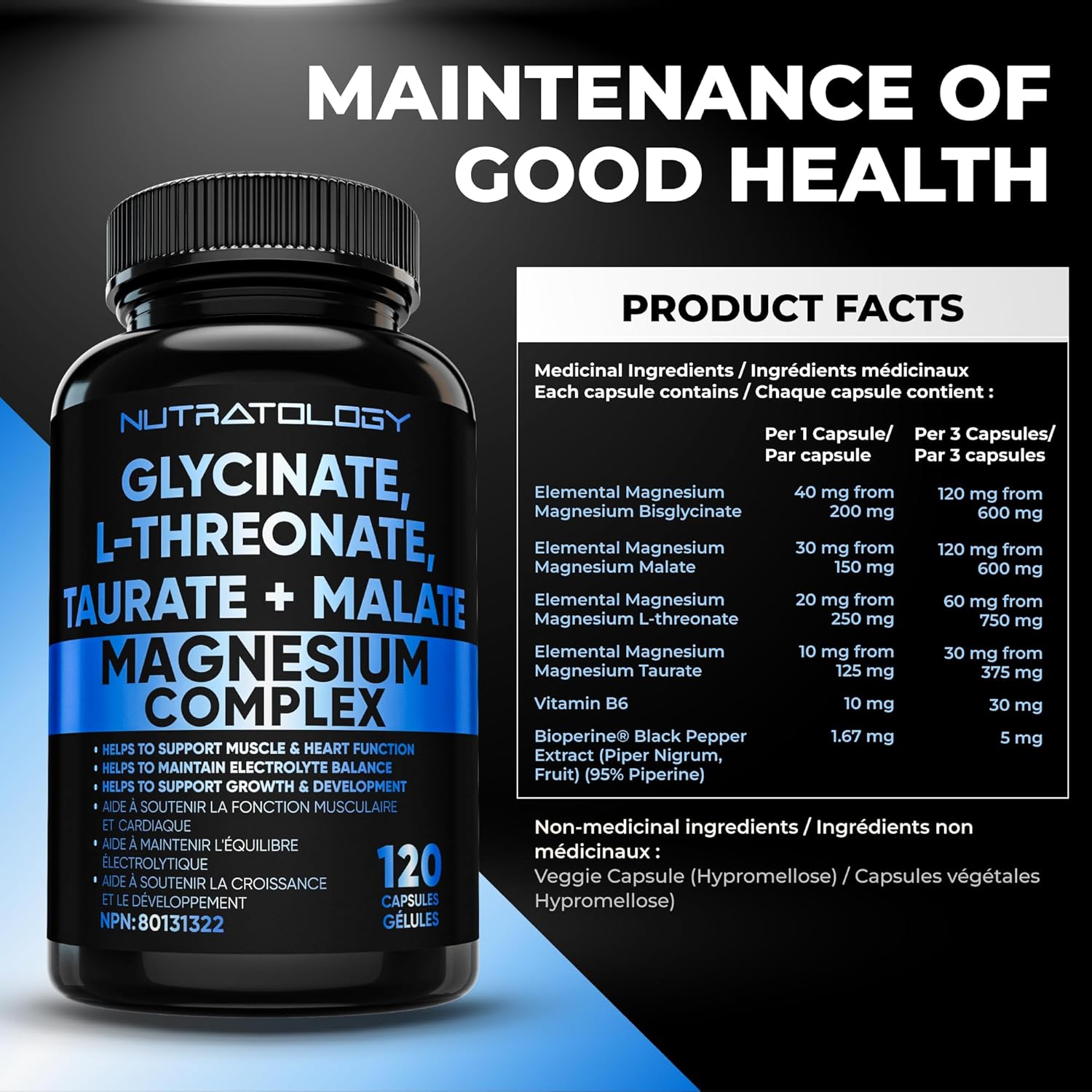 Complexe de magnésium 4:1 – Glycinate, malate, L-thréonate et taurate avec vitamine B6 + biopérine