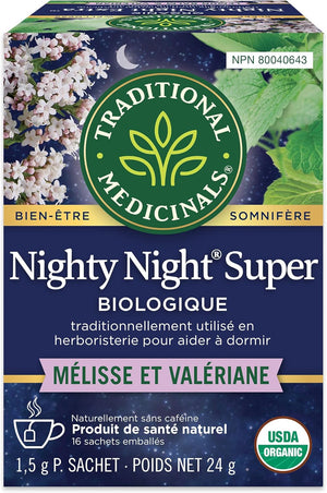 Tisane bio Nighty Night Extra: Aide le sommeil avec de la valériane, de la passion et de la mélisse.