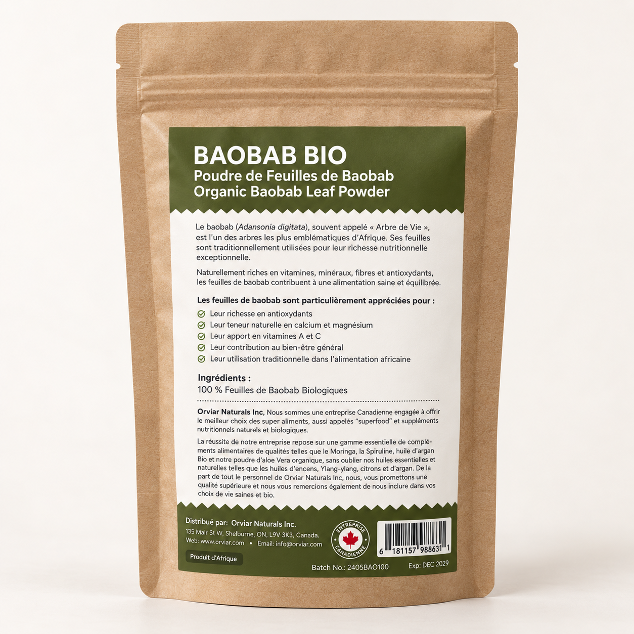 Poudre de feuilles de baobab bio 100 g | Ebotanique – Cameroun