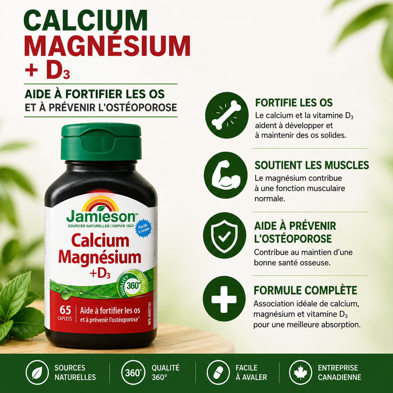 Complement alimentaire | Calcium Magnésium avec vitamine D3, 65 caplets.