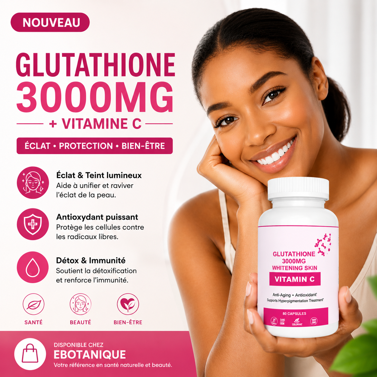 Glutathione 3000 mg + Vitamine C – Éclat, Protection et Bien-être 60 Capsules