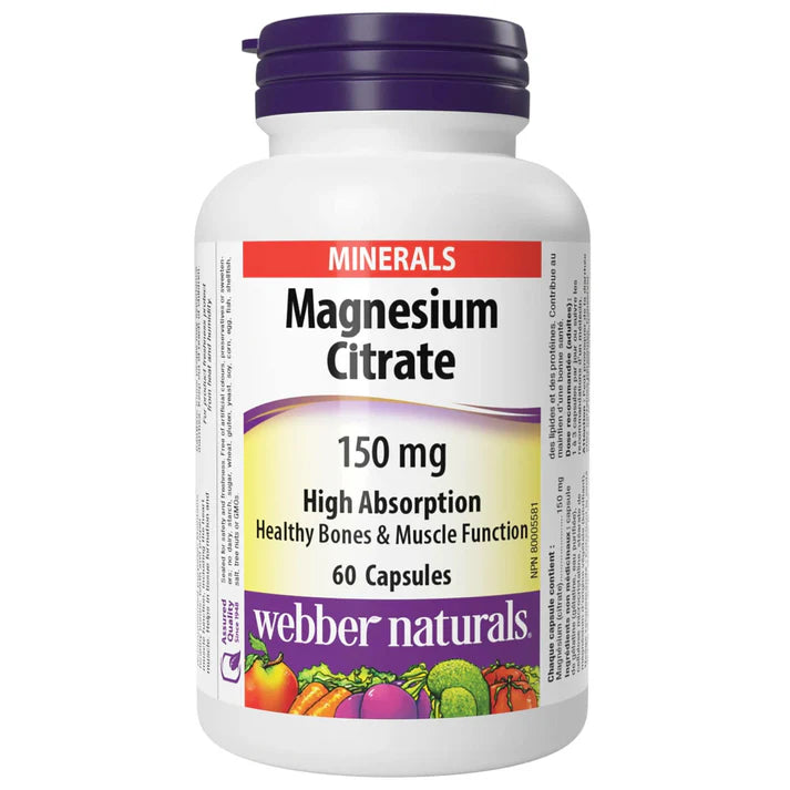 Webber Naturals 60 Capsules Citrate de Magnésium Haute Absorption, santé osseuse et musculaire  150 mg