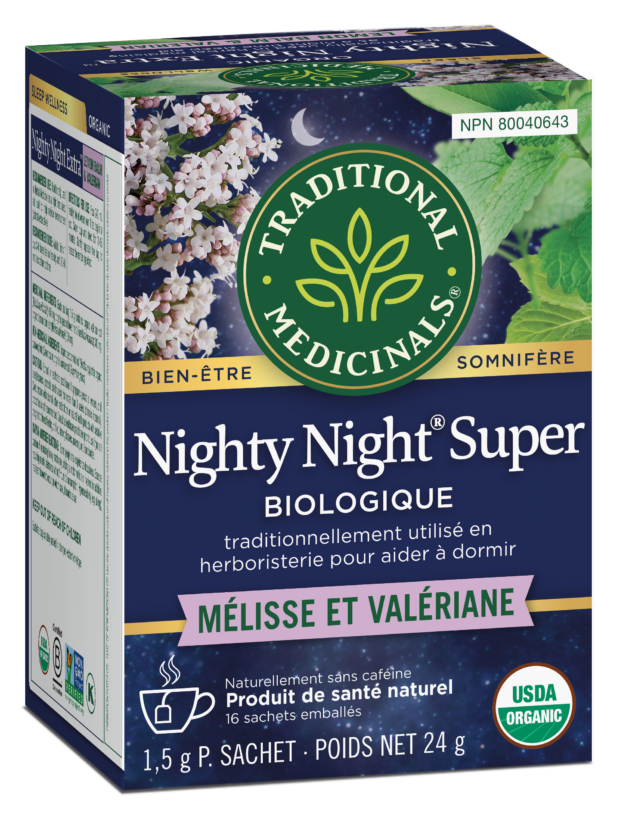Tisane bio Nighty Night Extra: Aide le sommeil avec de la valériane, de la passion et de la mélisse.