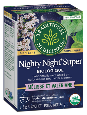 Tisane bio Nighty Night Extra: Aide le sommeil avec de la valériane, de la passion et de la mélisse.