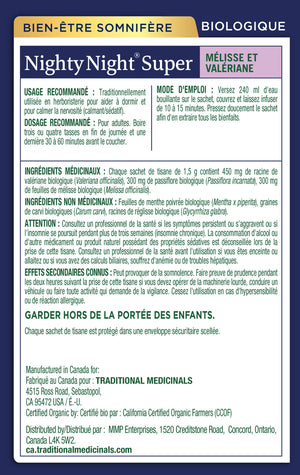 Tisane bio Nighty Night Extra: Aide le sommeil avec de la valériane, de la passion et de la mélisse.