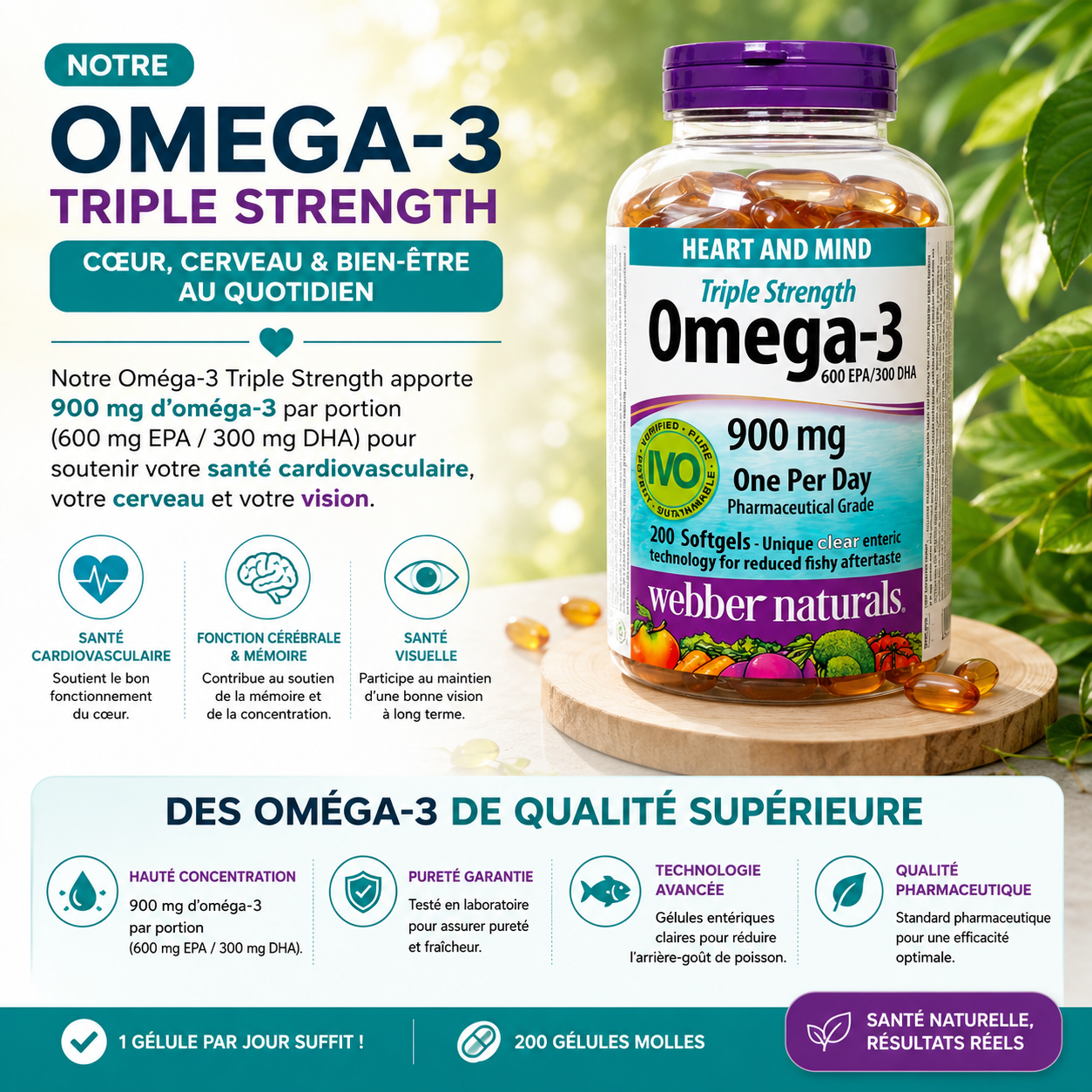 Complément alimentaire Oméga-3 triple concentration webber naturals, 200 gélules