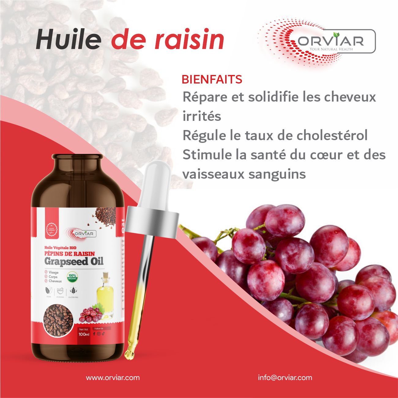 Huile de pépin de raisin : Luttre contre les pellicules et nourrit le cuir chevelu 100 ml