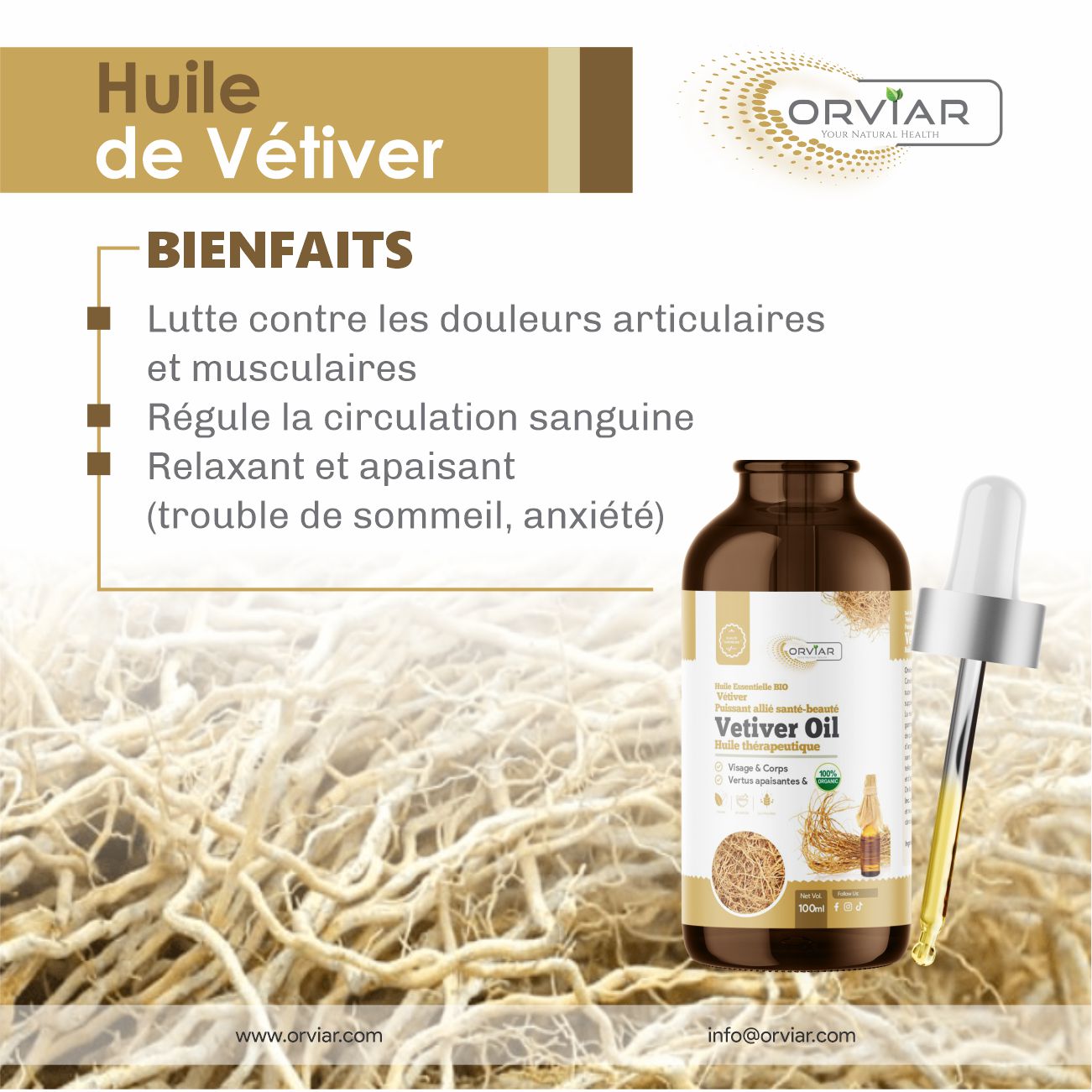 Huile de vétiver - Lutte contre les douleurs articulaires et musculaire, 100 ml