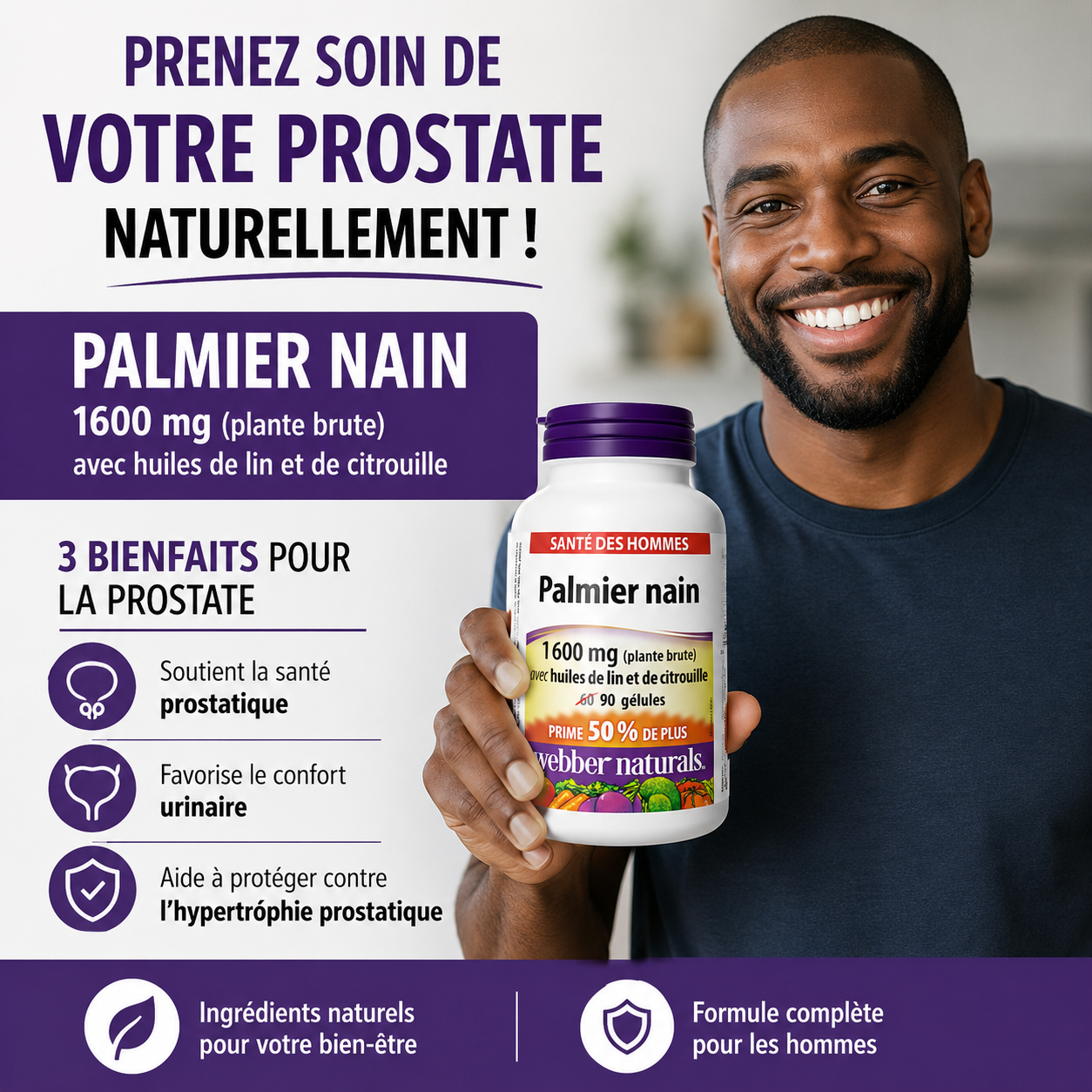 Complement Alimentaire | Saw Palmetto 160 mg, contient de l'huile de lin et de citrouille, 90 gélules entériques