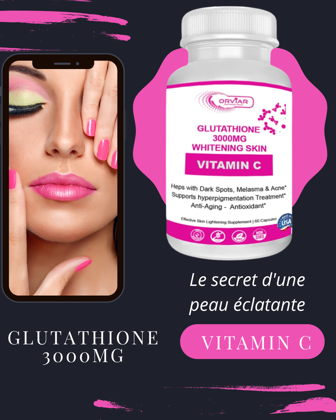 Glutathione 3000mg + Vitamin C| Antioxydants, secret d'une peau éclatante 60 capsules