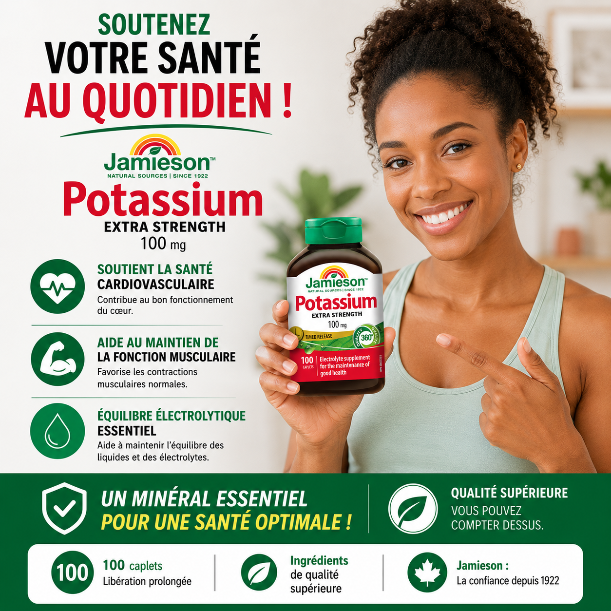 Complement Alimentaire | Potassium extra fort 100 mg – Libération prolongée – Soutient les fonctions