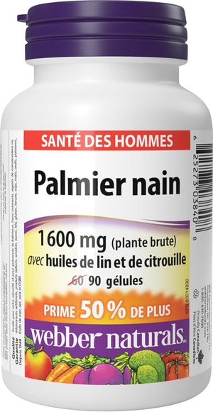Complement Alimentaire | Saw Palmetto 160 mg, contient de l'huile de lin et de citrouille, 90 gélules entériques