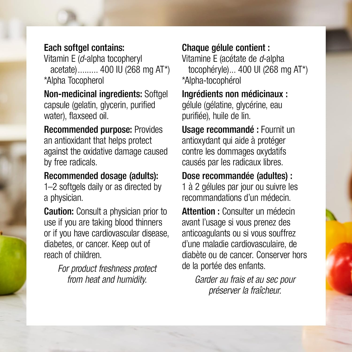 Vitamine E 400 UI, 120 gélules, source naturelle de vitamine E, soutien antioxydant