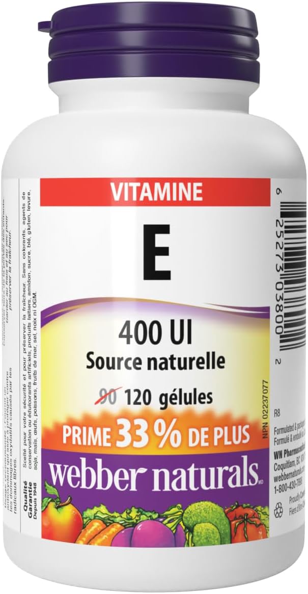 Vitamine E 400 UI, 120 gélules, source naturelle de vitamine E, soutien antioxydant