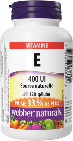 Complement Alimentaire Vitamine E 400 UI, 120 gélules, source naturelle de vitamine E, soutien antioxydant