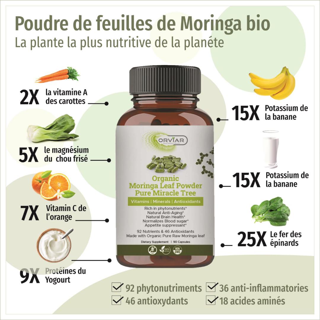 Complement Alimentaire Moringa Bio, Extra Fort - Dosage 900 mg