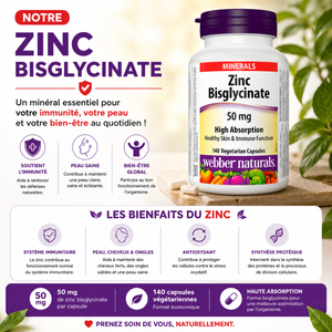 complement alimentaire | Bisglycinate de zinc, 50 mg, 140 gélules, haute absorption.