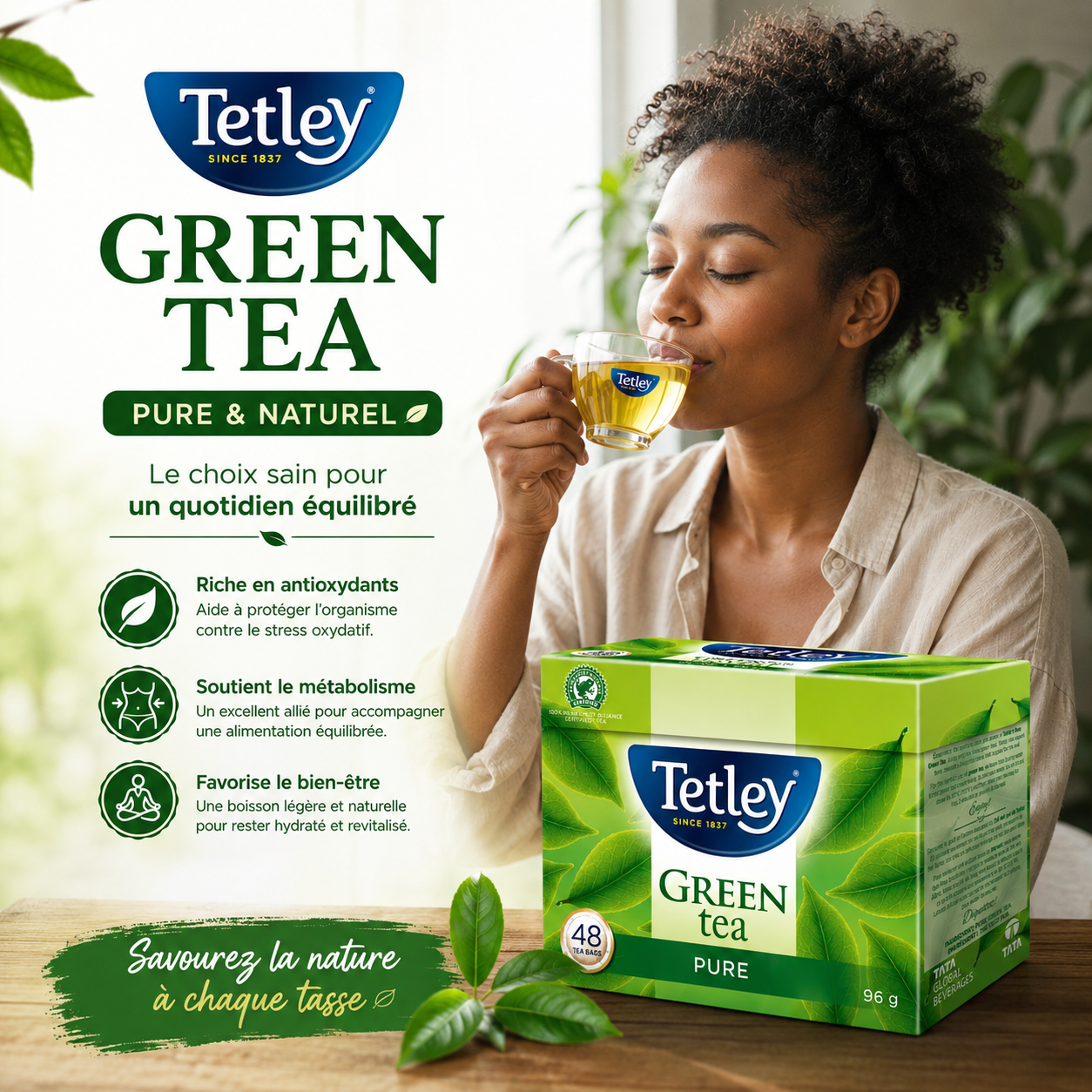 Tetley Thé vert pur, 48 sachets de thé