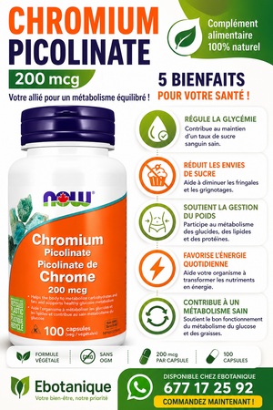 Complement Alimentaire Chrome 200 mcg, Co-facteur de l'insuline* 100 cap