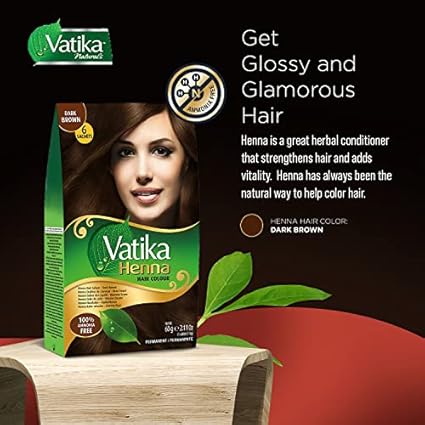 Dabur Vatika Coloration capillaire au henné brun foncé, teinture et revitalisant pour cheveux au henné, 6 sachets