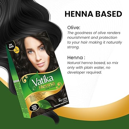 Dabur Vatika Coloration capillaire au henné noire, teinture et revitalisant pour cheveux au henné, 6 sachets