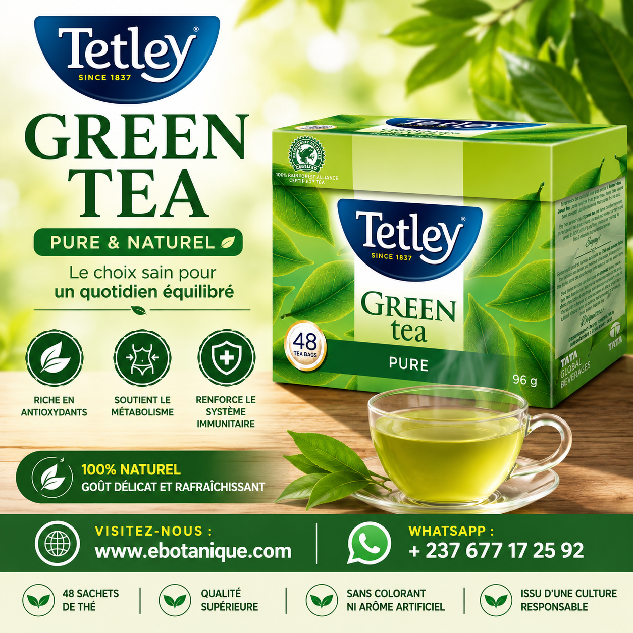 Tetley Thé vert pur, 48 sachets de thé