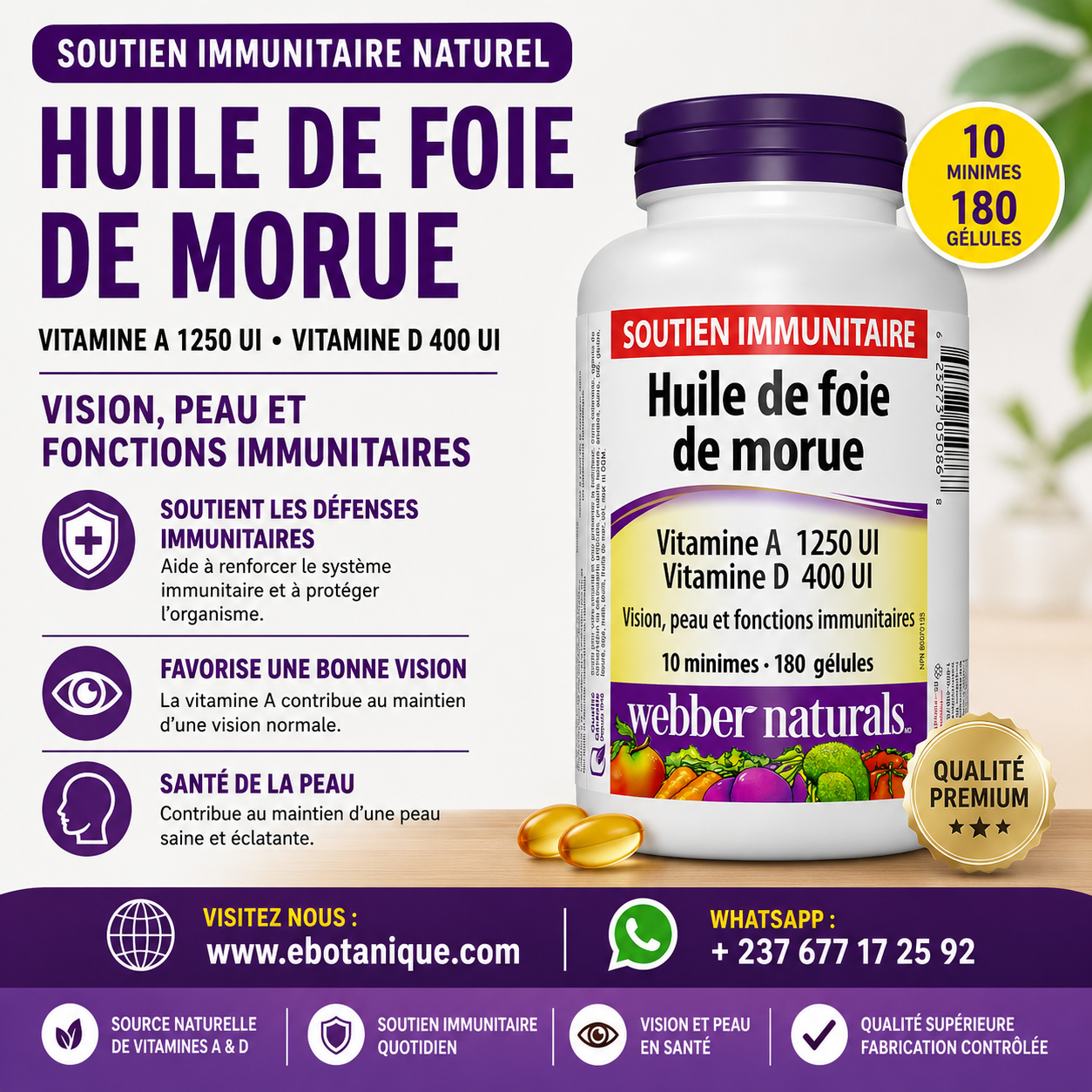 Complement Alimentaire Huile de foie de morue avec vitamine A et D3, 180 gélules