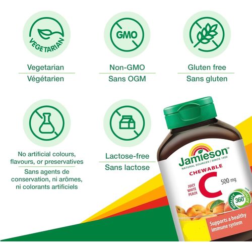 Jamieson Vitamine C À Croquer 500 mg - Saveur de Pêche Blanche Juteuse - 45 Comprimés