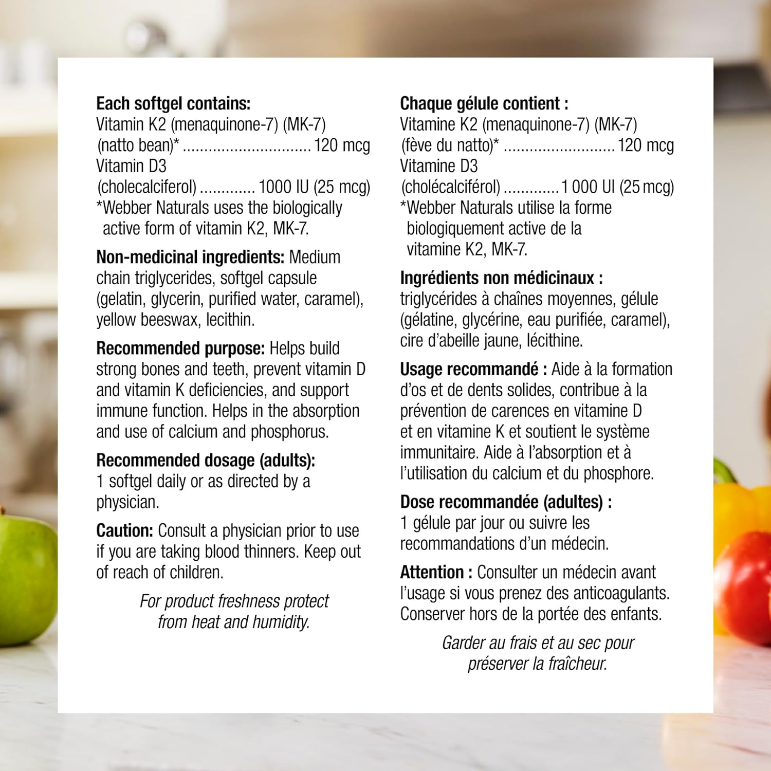 Complement alimentaire |  Vitamine K2 avec D3,  110 gélules, formule MK-7,