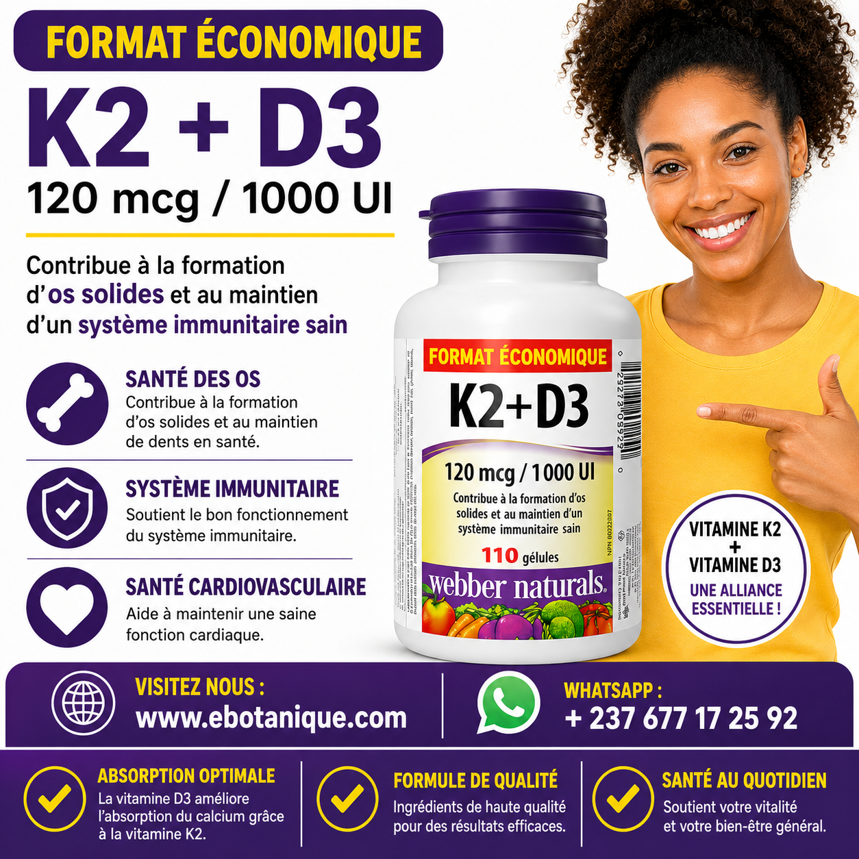 Complement alimentaire |  Vitamine K2 avec D3,  110 gélules, formule MK-7,