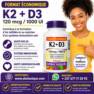 Complement alimentaire |  Vitamine K2 avec D3,  110 gélules, formule MK-7,
