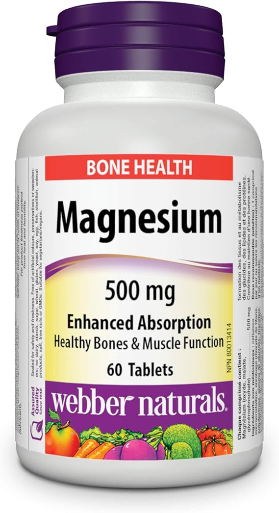 Webber Naturals Magnésium 500 mg 60 comprimés, soutient les fonctions osseuses et musculaires