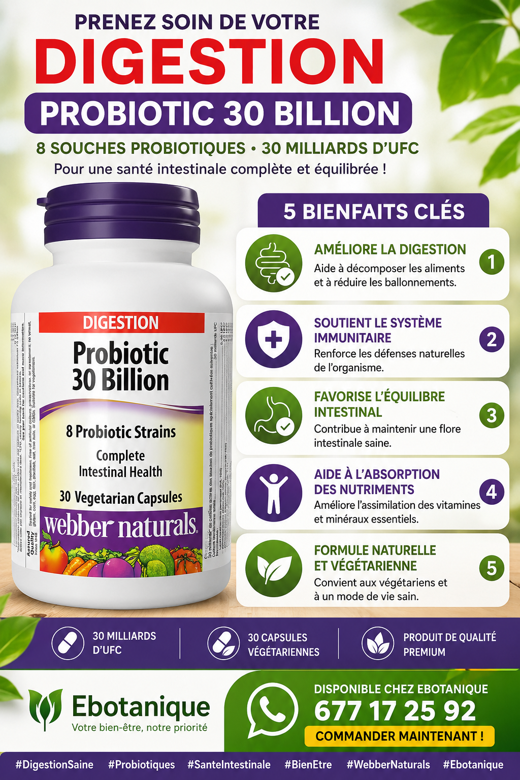 Complement Alimentaire Probiotique 30 milliards de cellules actives,  30 gélules, pour la santé digestive, végétarien