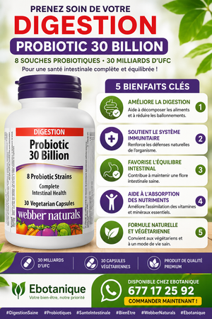 Complement Alimentaire Probiotique 30 milliards de cellules actives,  30 gélules, pour la santé digestive, végétarien