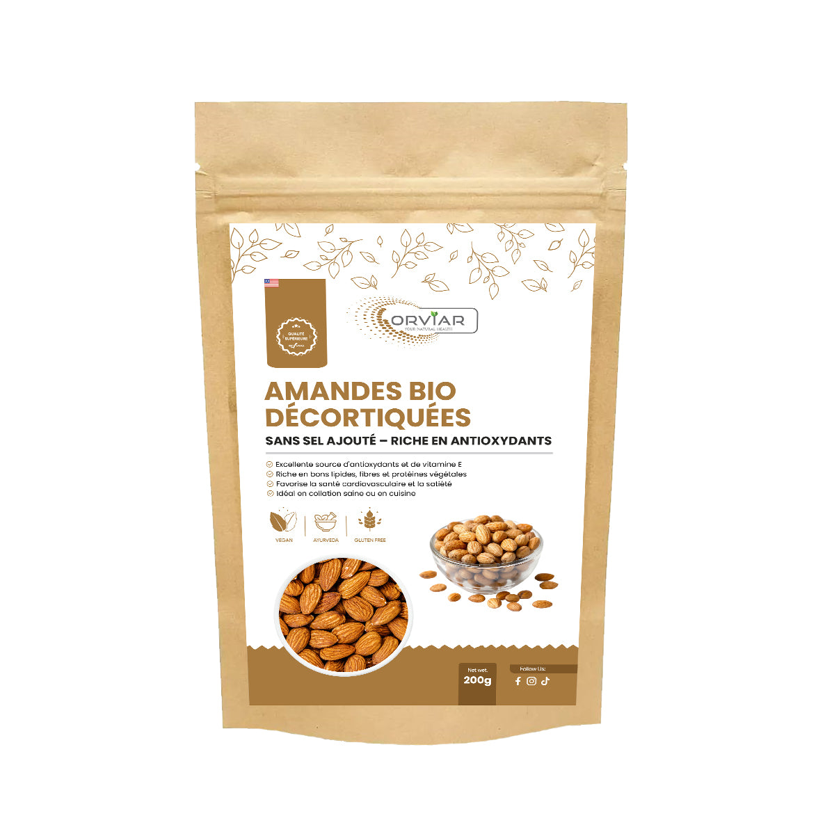 Nutrition santé - Amandes BIO décortiquées, sans sel ajouté