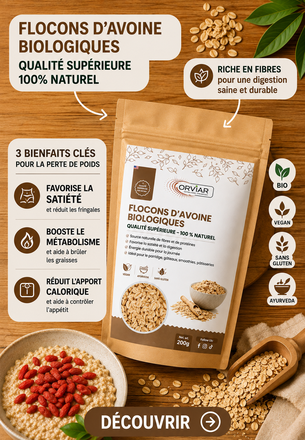 Nutrition Santé Flocons d’avoine sans gluten biologiques 200gr