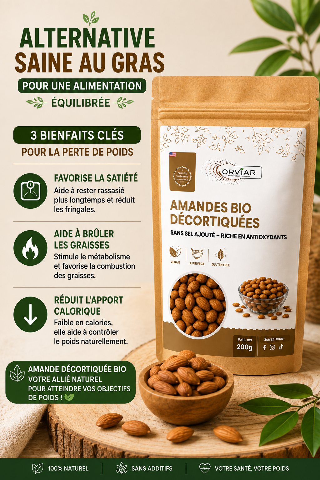 Nutrition santé - Amandes BIO décortiquées, sans sel ajouté