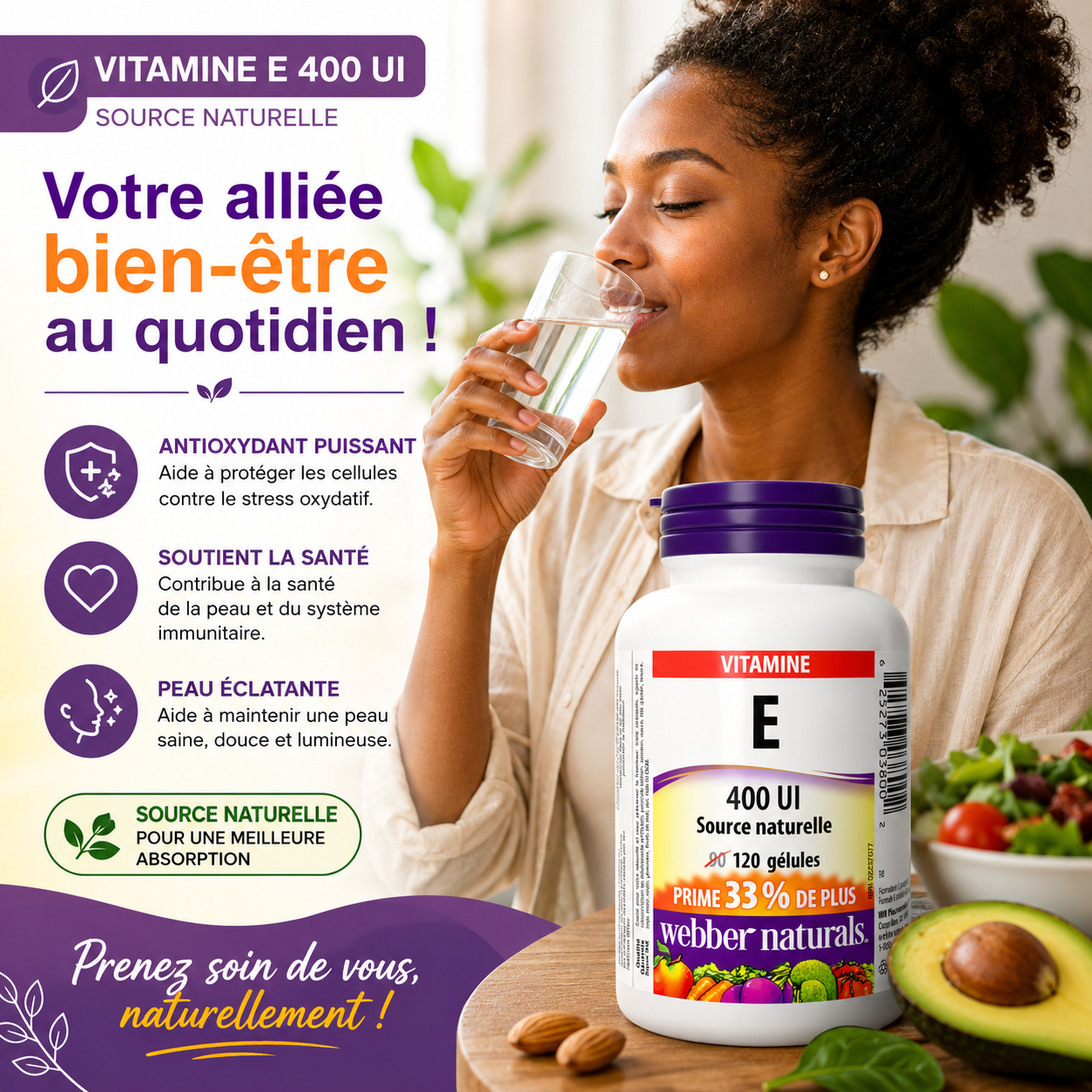 Complement Alimentaire Vitamine E 400 UI, 120 gélules, source naturelle de vitamine E, soutien antioxydant