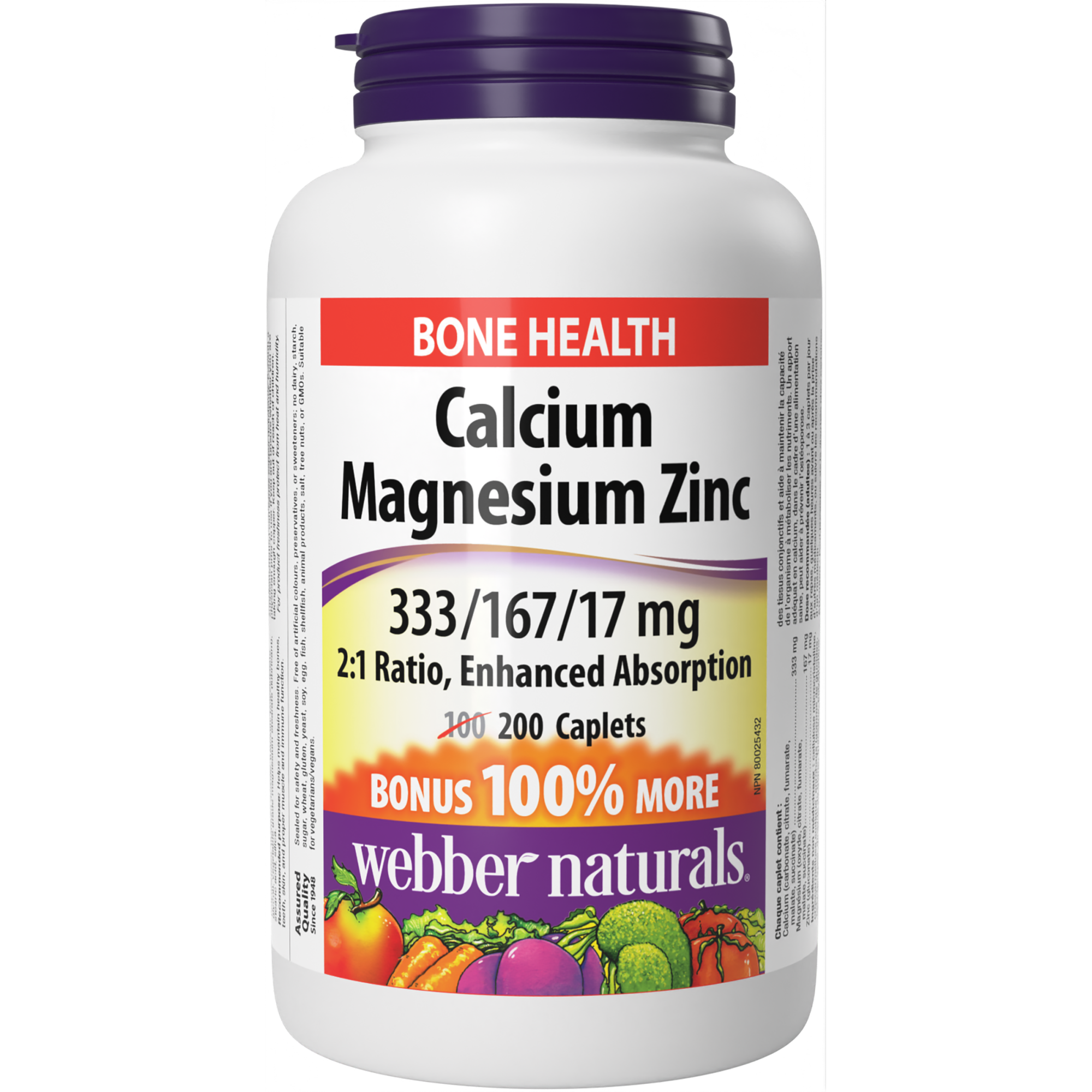 Webber Naturals Calcium Magnésium Zinc, 333/167/17 mg 200 caplets